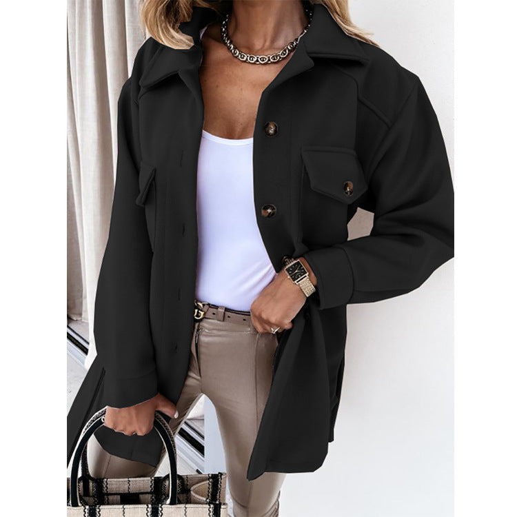 Long-sleeved Temperament Solid Color Lapel Button Lace Woolen Coat