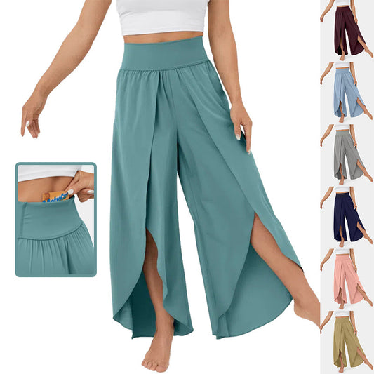 Loose Split Yoga Pants Summer Elastic High Waist Wide Leg Trousers