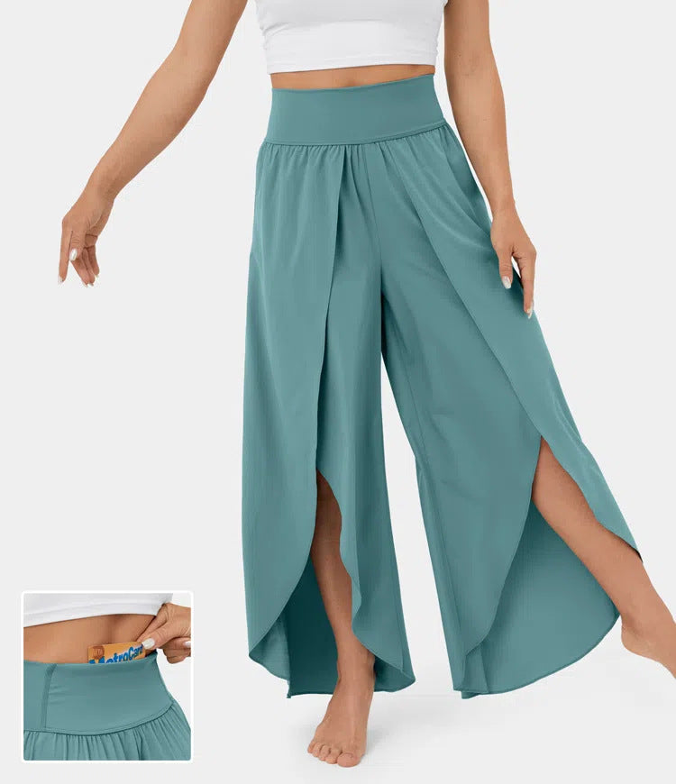 Loose Split Yoga Pants Summer Elastic High Waist Wide Leg Trousers