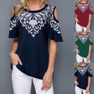 Round Neck Printed Off-shoulder Short-sleeved T-shirt