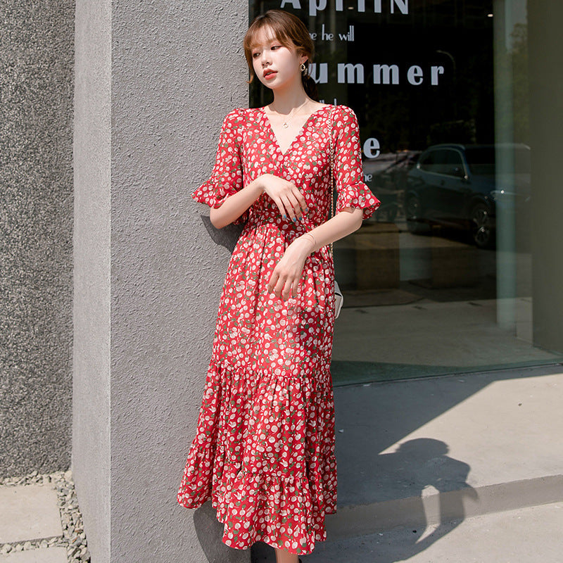 Bell Sleeve Summer High Waist Slimming V-neckline Short Sleeve Dress