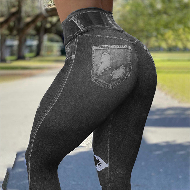 Ladies High Waist High Stretch Faux Denim Leggings