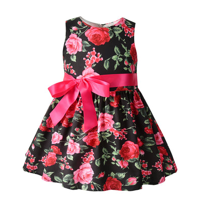 Girl's Simple And Elegant Flower Print Sleeveless Bow Dress