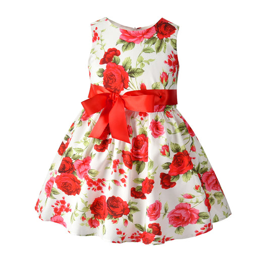 Girl's Simple And Elegant Flower Print Sleeveless Bow Dress