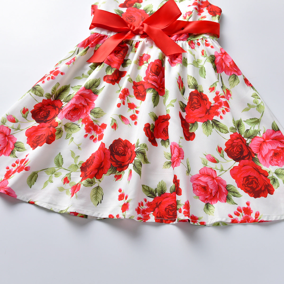 Girl's Simple And Elegant Flower Print Sleeveless Bow Dress