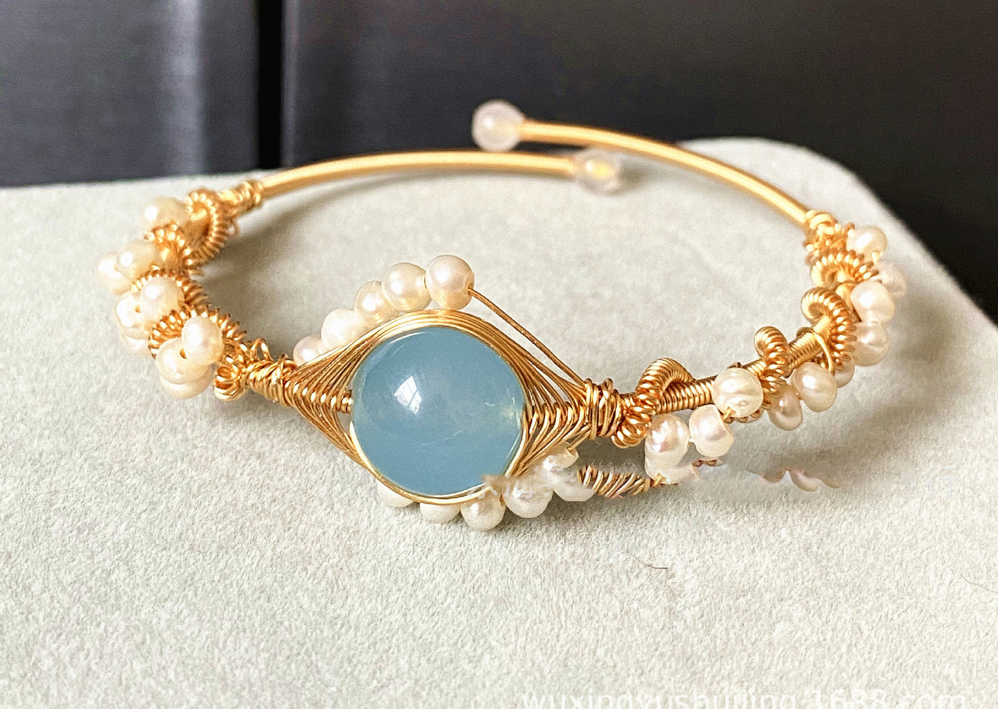 Gold Wrapped Handmade Bracelet Hailan Baohai Sapphire Natural White Pearl Bracelet