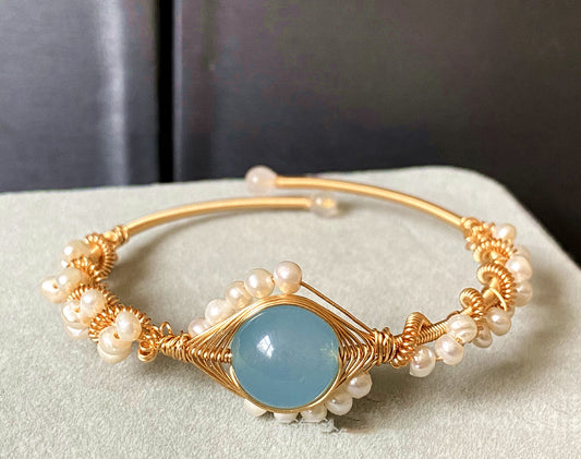 Gold Wrapped Handmade Bracelet Hailan Baohai Sapphire Natural White Pearl Bracelet