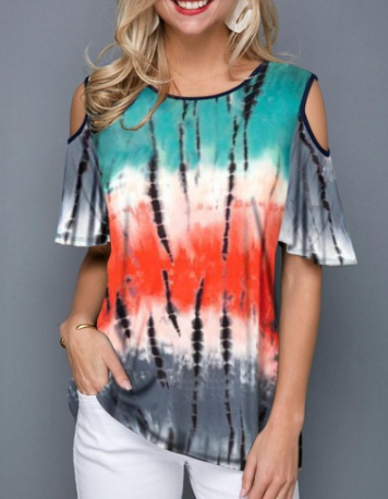 Round Neck Printed Off-shoulder Short-sleeved T-shirt