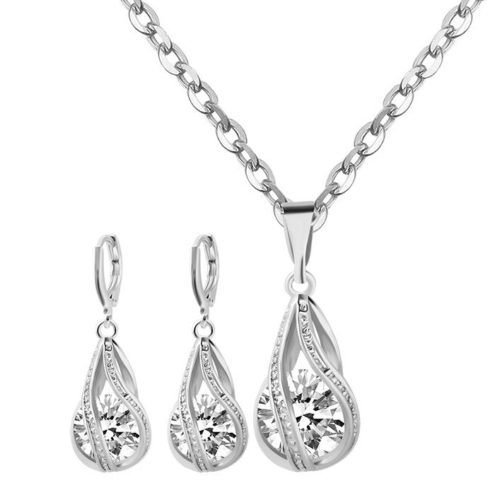 Simple zircon jewelry set Silver Drop Necklace Earrings set