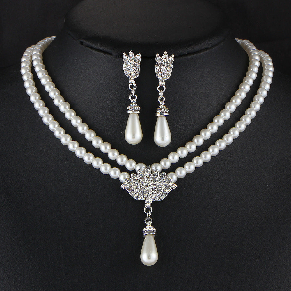 Jewelry Bridal Pearl Crystal Diamond Short Clavicle Necklace Set