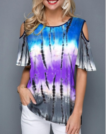 Round Neck Printed Off-shoulder Short-sleeved T-shirt