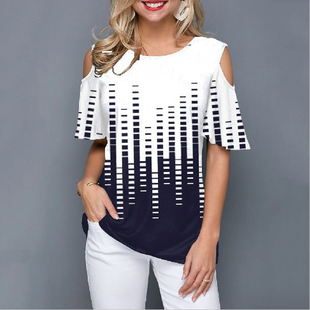 Round Neck Printed Off-shoulder Short-sleeved T-shirt