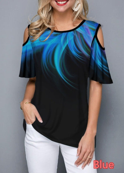 Round Neck Printed Off-shoulder Short-sleeved T-shirt