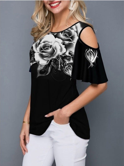 Round Neck Printed Off-shoulder Short-sleeved T-shirt