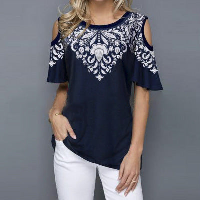 Round Neck Printed Off-shoulder Short-sleeved T-shirt