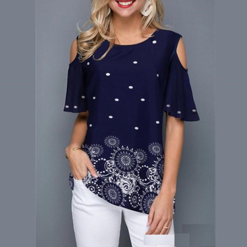 Round Neck Printed Off-shoulder Short-sleeved T-shirt