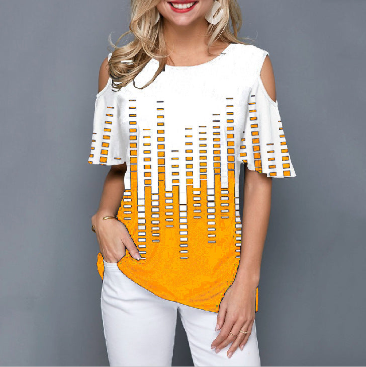 Round Neck Printed Off-shoulder Short-sleeved T-shirt