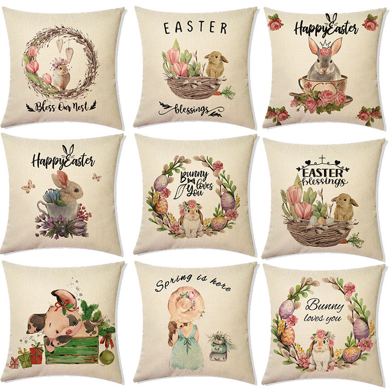 Rabbit Easter Eggs Truck Flower Basket Cushion Cover Throw Pillow Cover