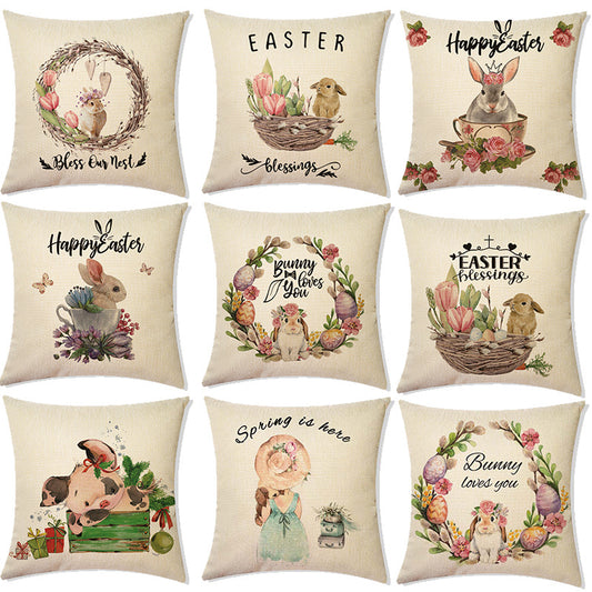 Rabbit Easter Eggs Truck Flower Basket Cushion Cover Throw Pillow Cover