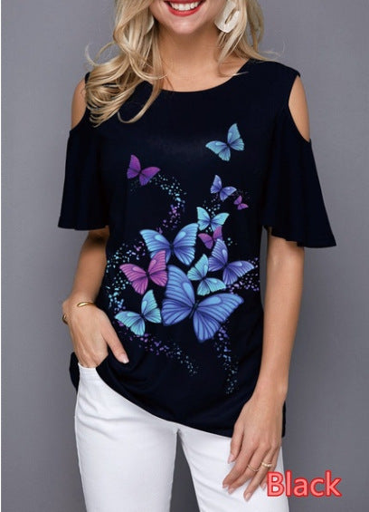 Round Neck Printed Off-shoulder Short-sleeved T-shirt