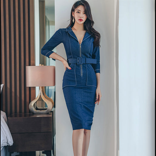 Ladies Zipper Pocket Hip Denim Dress