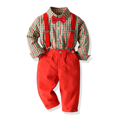 Boys' Plaid Shirt Bow Tie Overalls Party Dress