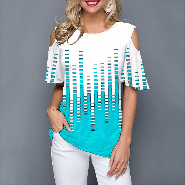 Round Neck Printed Off-shoulder Short-sleeved T-shirt