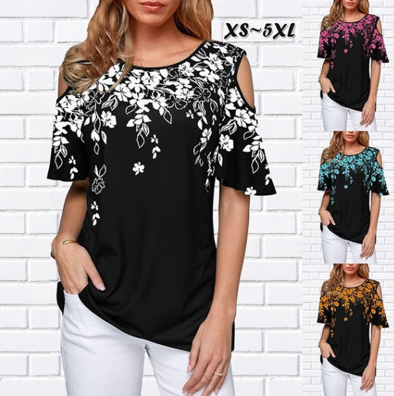 Round Neck Printed Off-shoulder Short-sleeved T-shirt