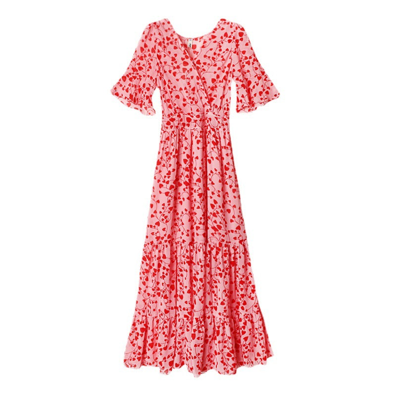 Half-flared Sleeve Vintage V-neck Style Floral Chiffon Dress